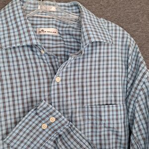 Peter Millar Shirt Size XL Cotton Blue Plaid Long Sleeve Button Up